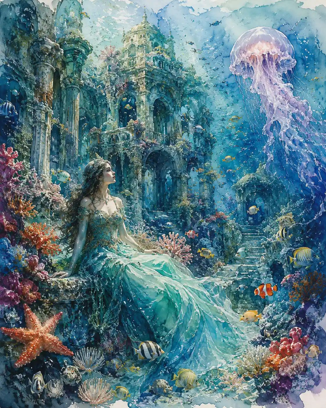 Prinzessin in einem mystischen Unterwasserpalast aus Korallen und Stein