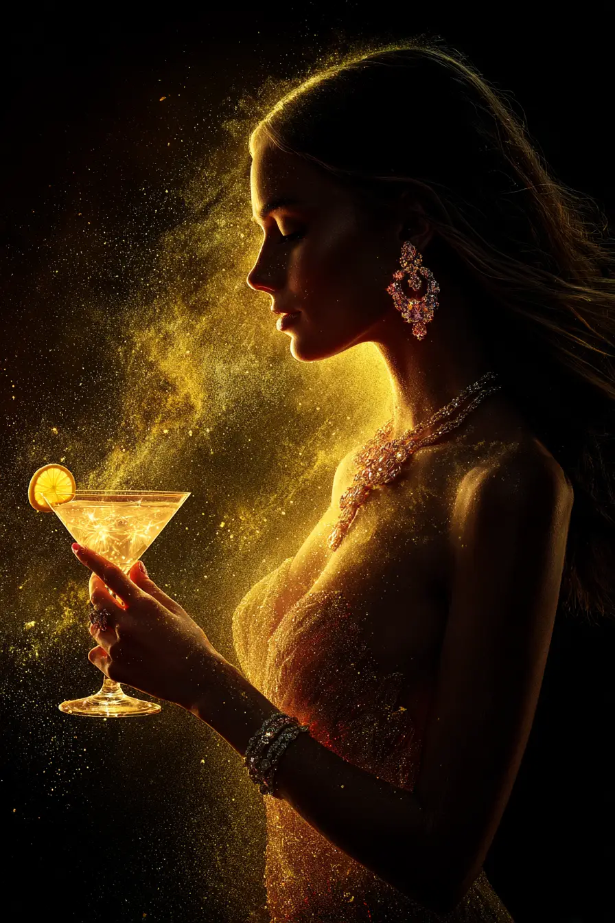 Glamorous Woman In Gold Light With Sparkling Martini