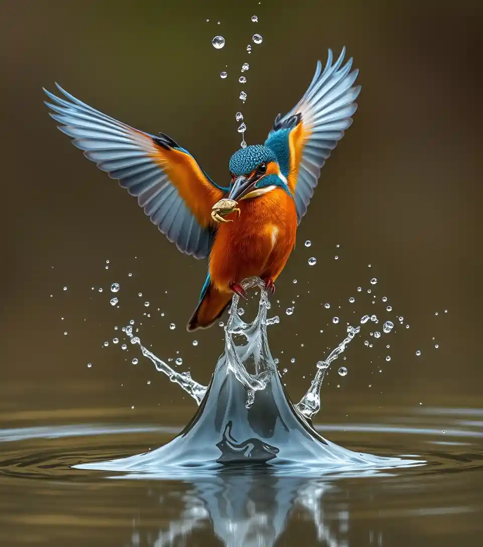 Martín pescador saliendo del agua con un cangrejo en el pico