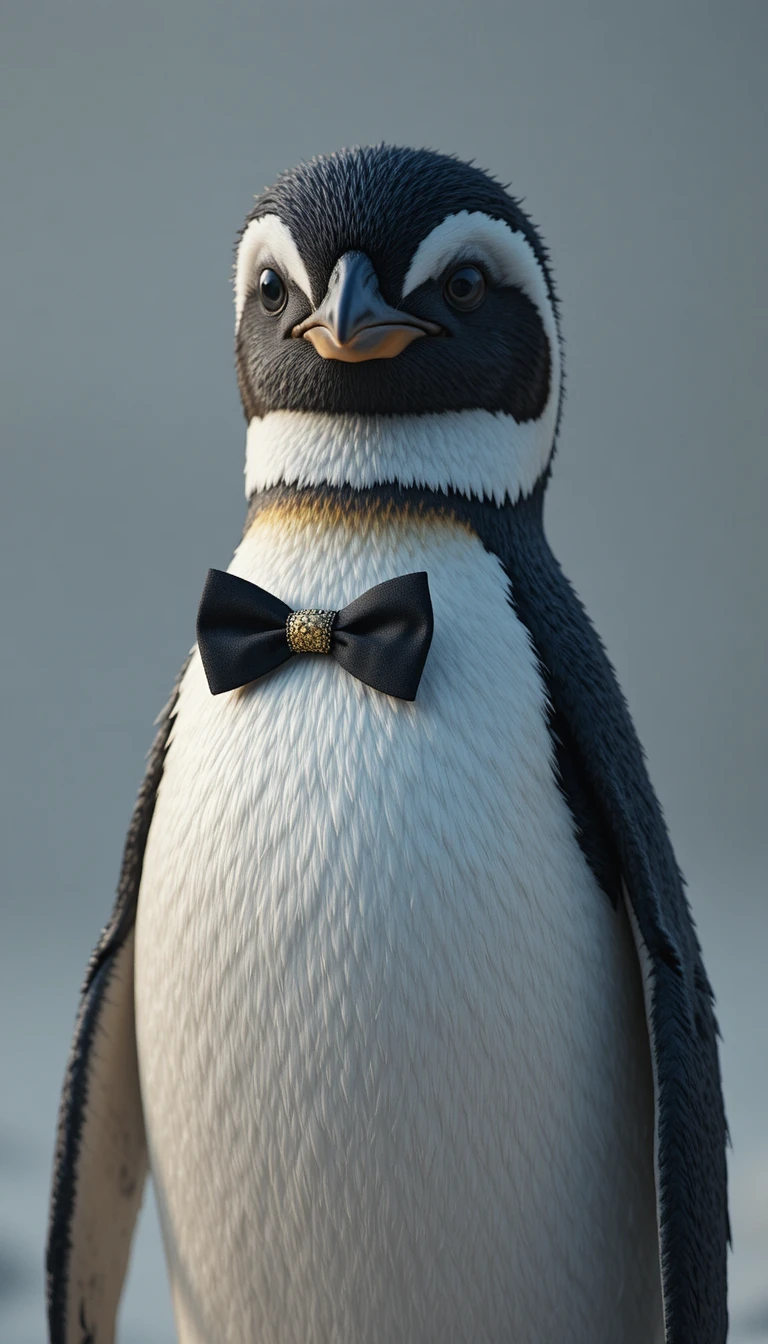 Pingüino elegante con pajarita en retrato de estilo cinematográfico