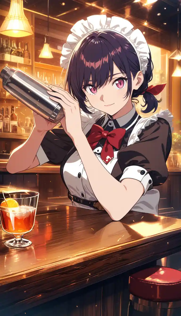 Anime maid bartender in a cozy wooden cafe interior