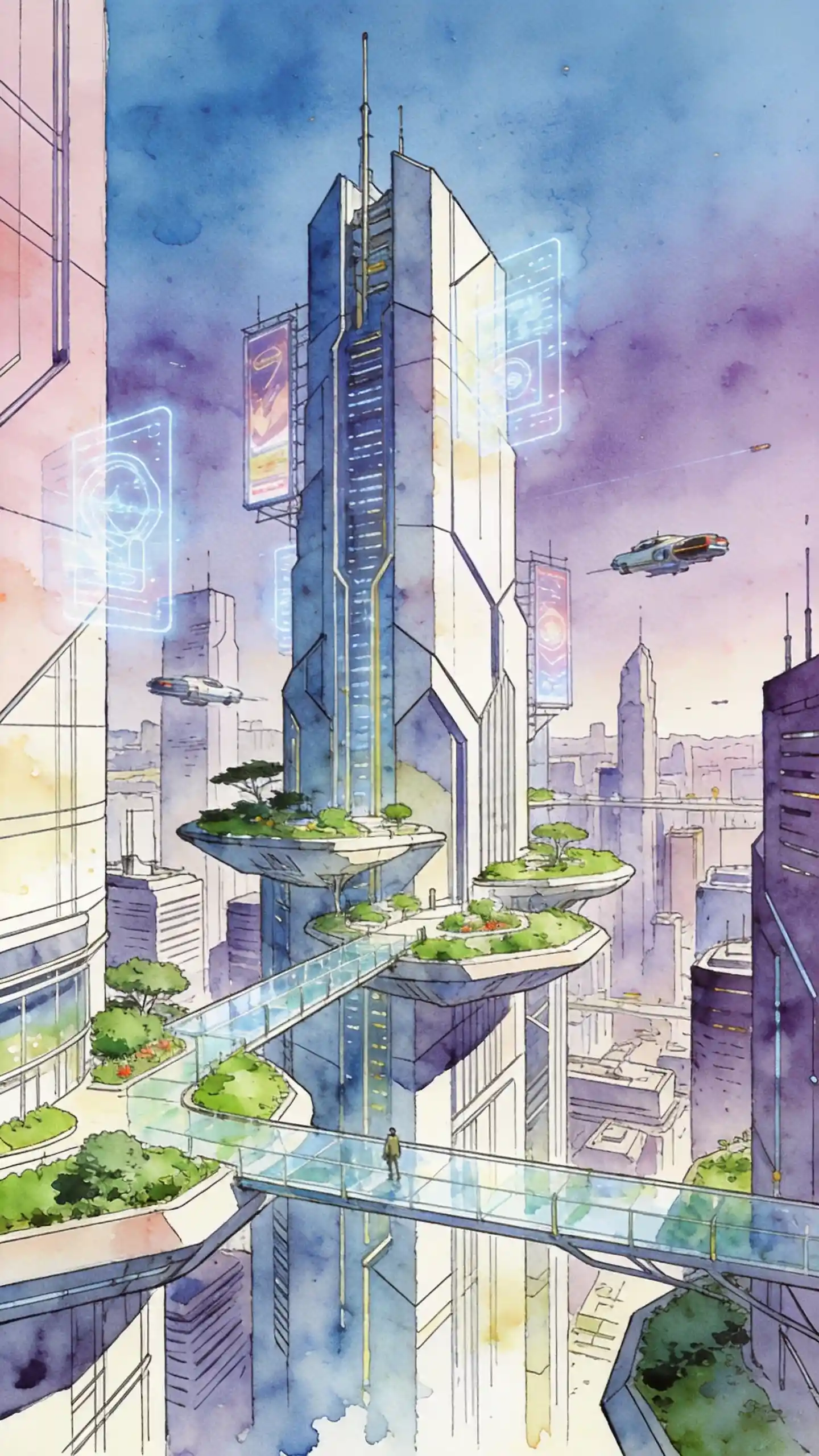 Città utopica futuristica in illustrazione ad acquerello e matita