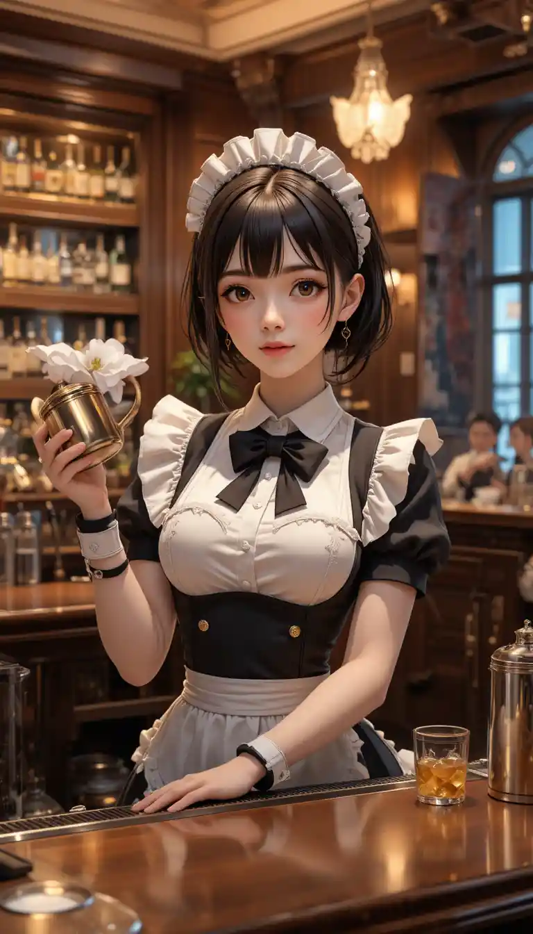 Cameriera maid in stile anime che sorride dietro un accogliente bancone di caffè