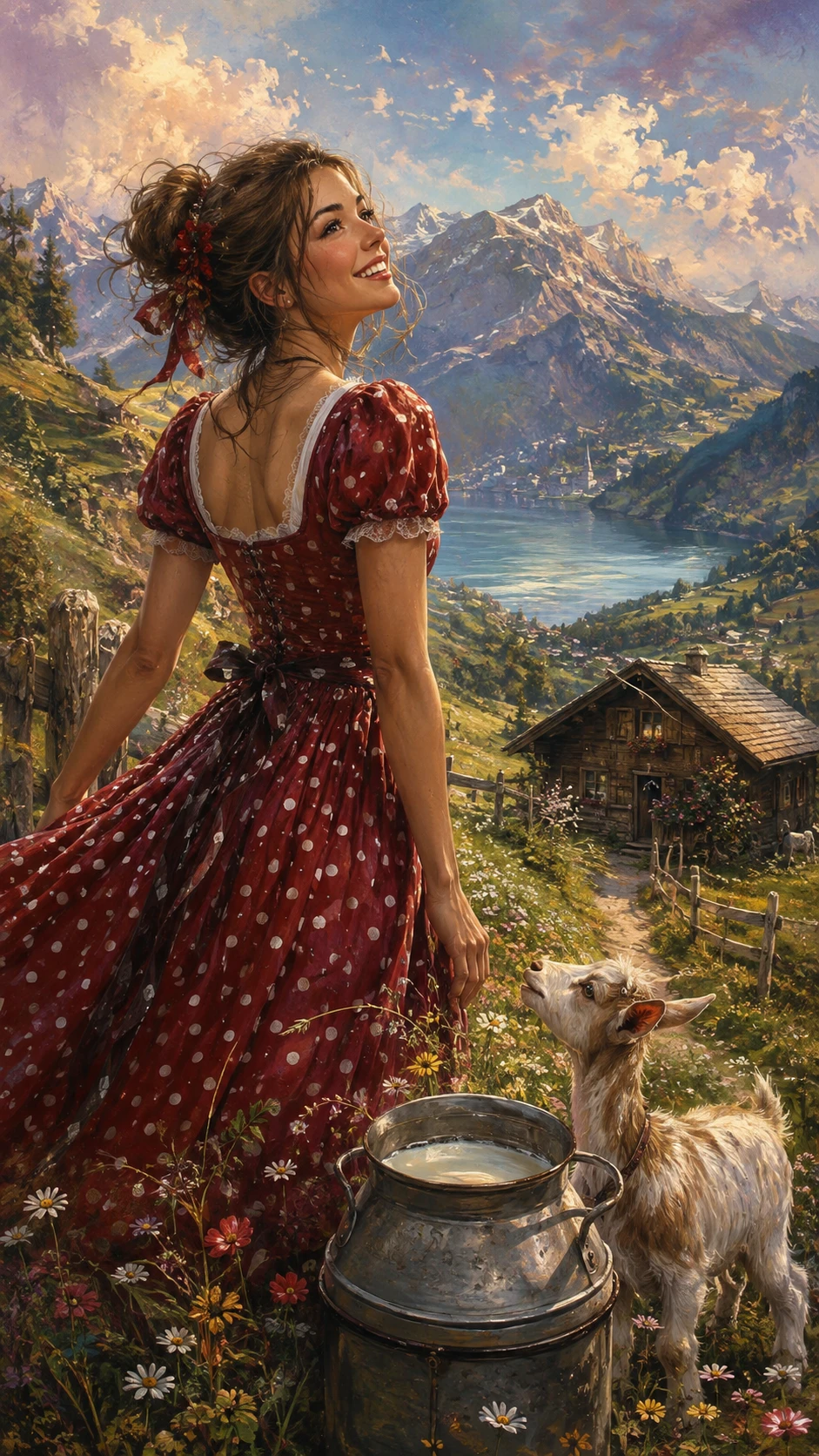 Menina feliz de vestido vermelho em um pasto alpino na Baviera