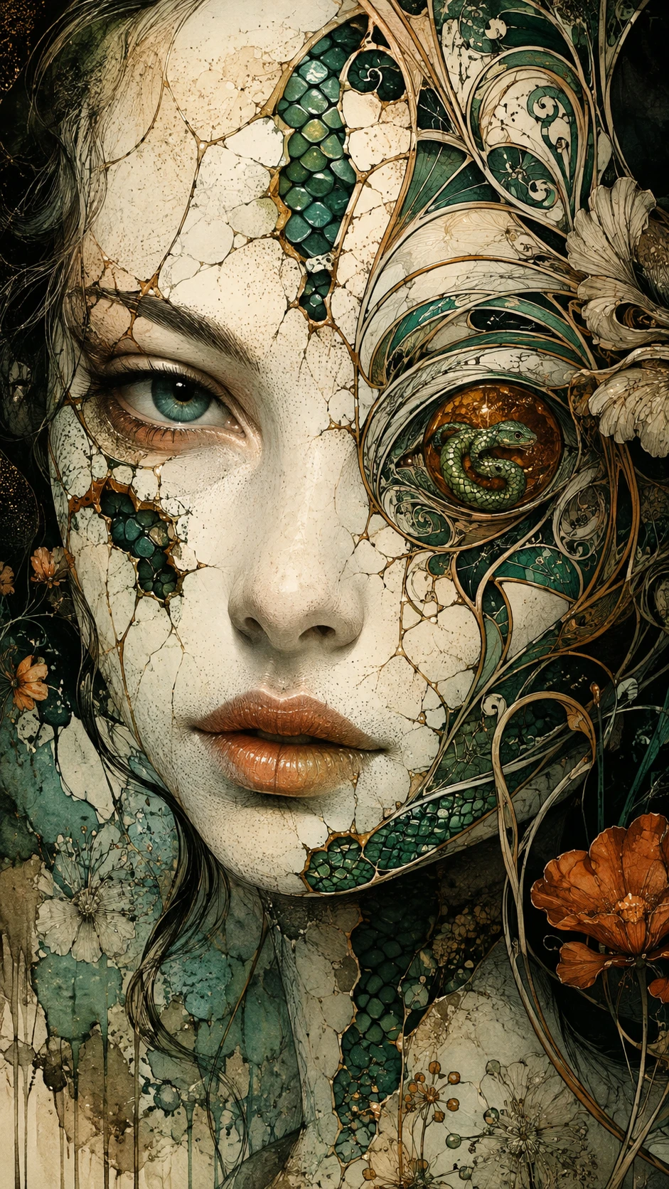 Mulher surreal de rosto porcelanizado com pele rachada serpentina
