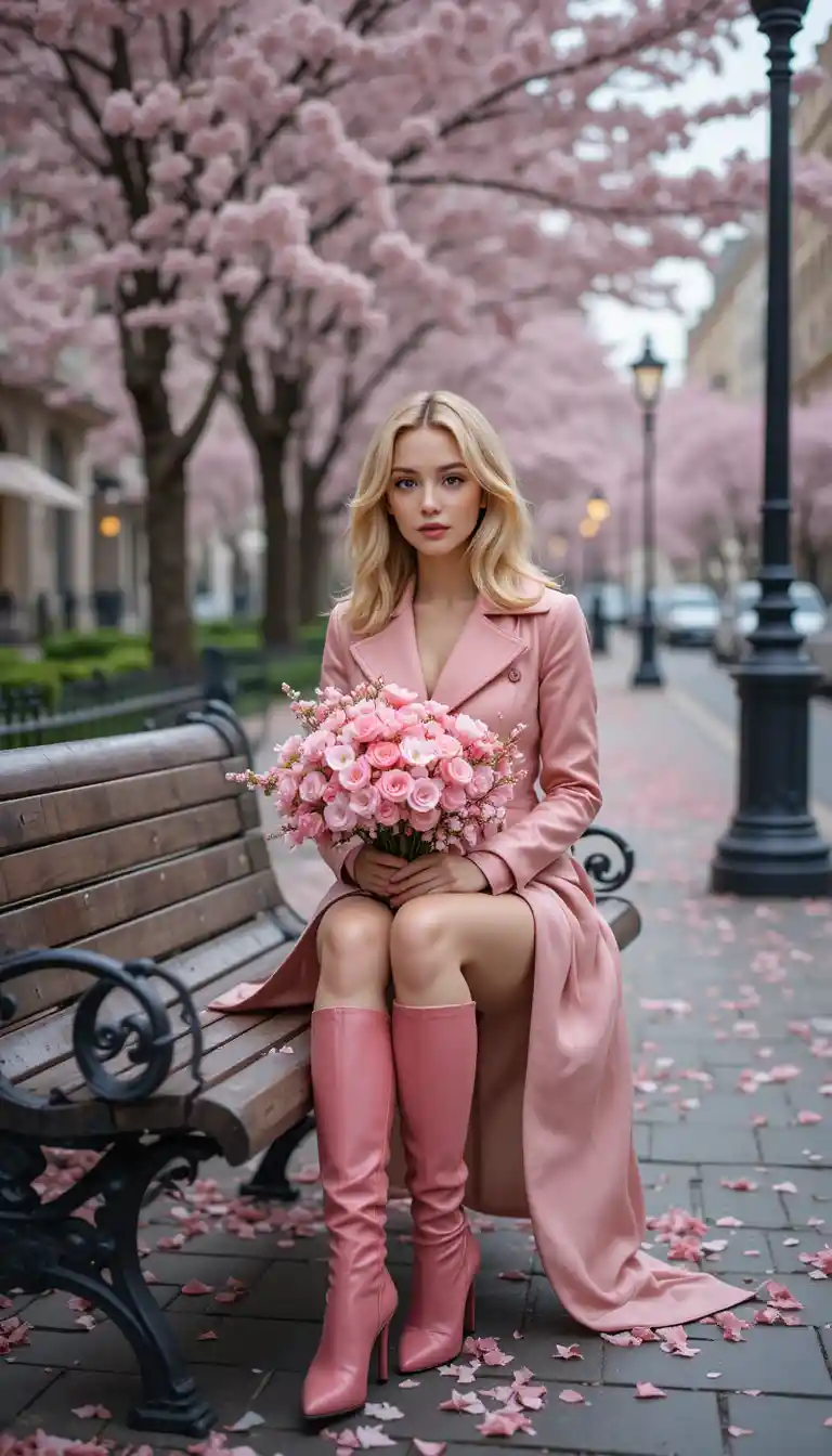 春の街角のベンチに座るピンクのトレンチコートの女性