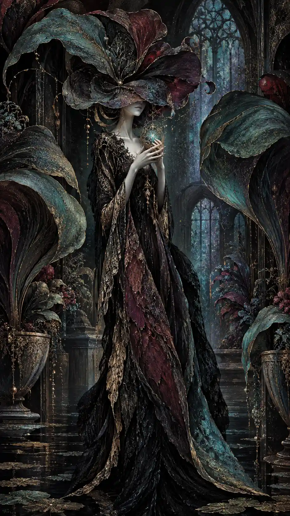Abstract guardian in a shadowed botanical chamber with glowing relic