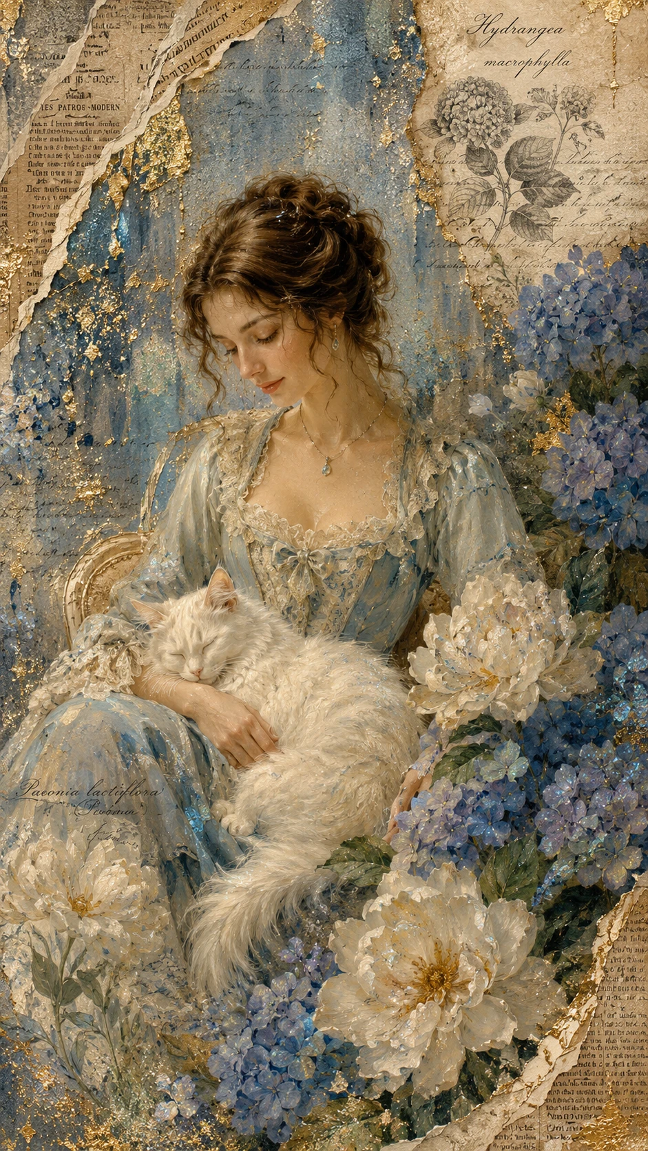 Dama elegante com gato e fundo floral azul