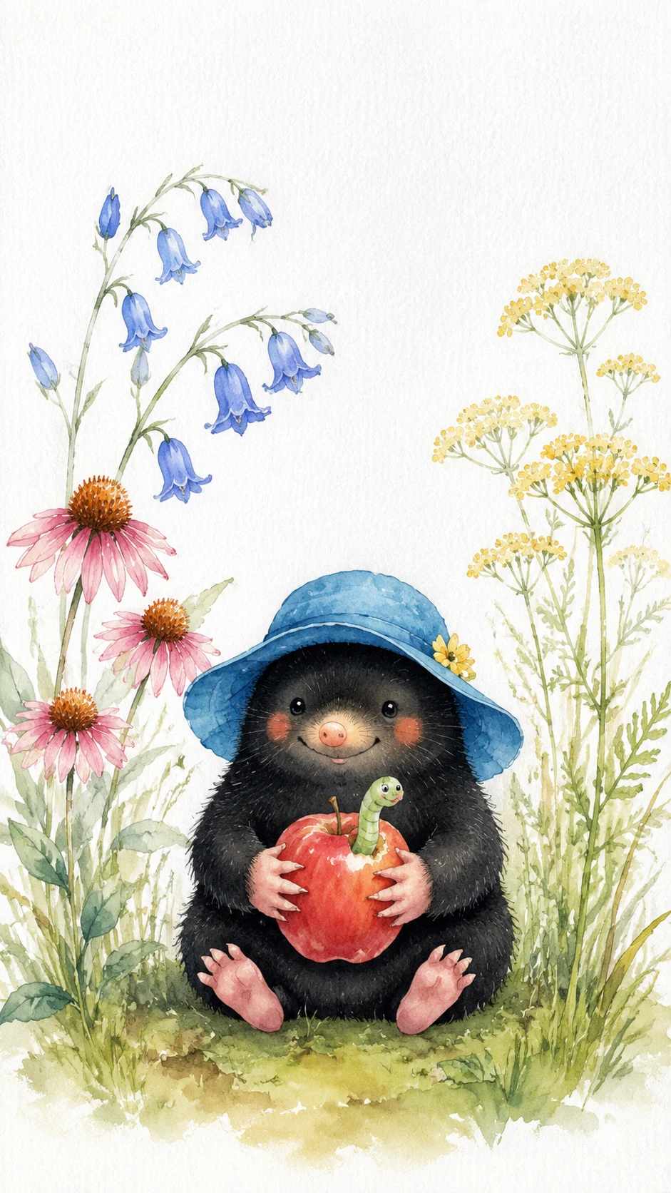 Topo adorable con una manzana en un tranquilo campo de flores en acuarela