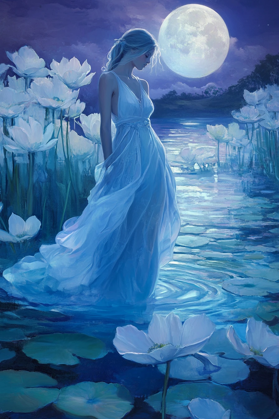 Elegante donna in abito azzurro che scivola su un lago tranquillo