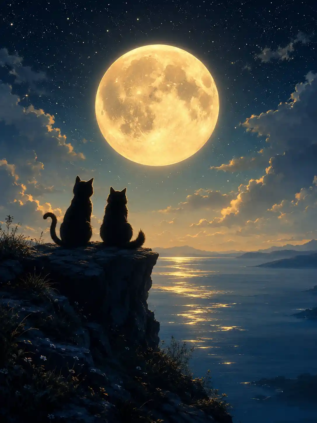 Deux chats en silhouette assis sur une falaise au clair de lune
