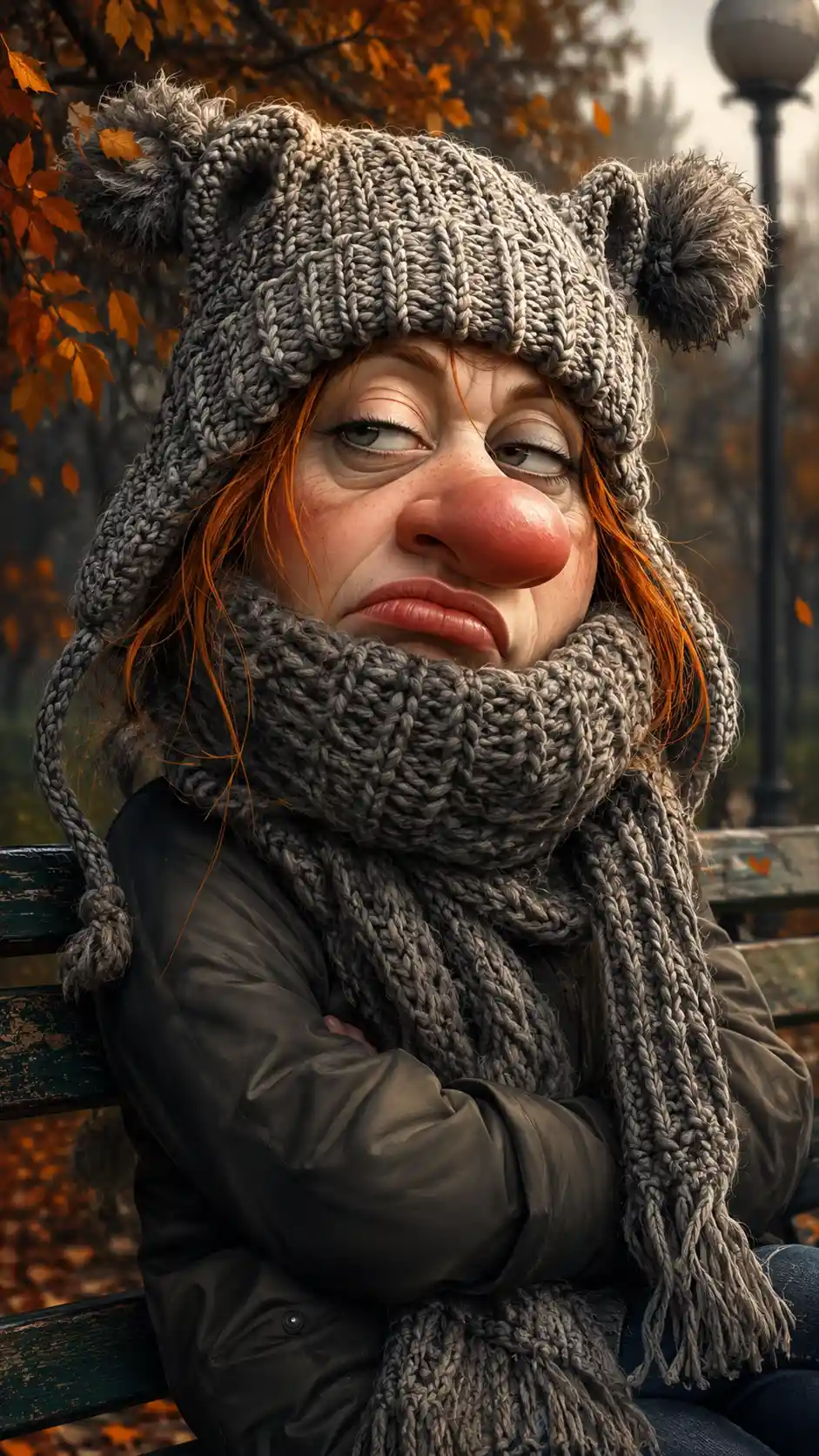 Retrato cômico em desenho de uma mulher ruiva cansada
