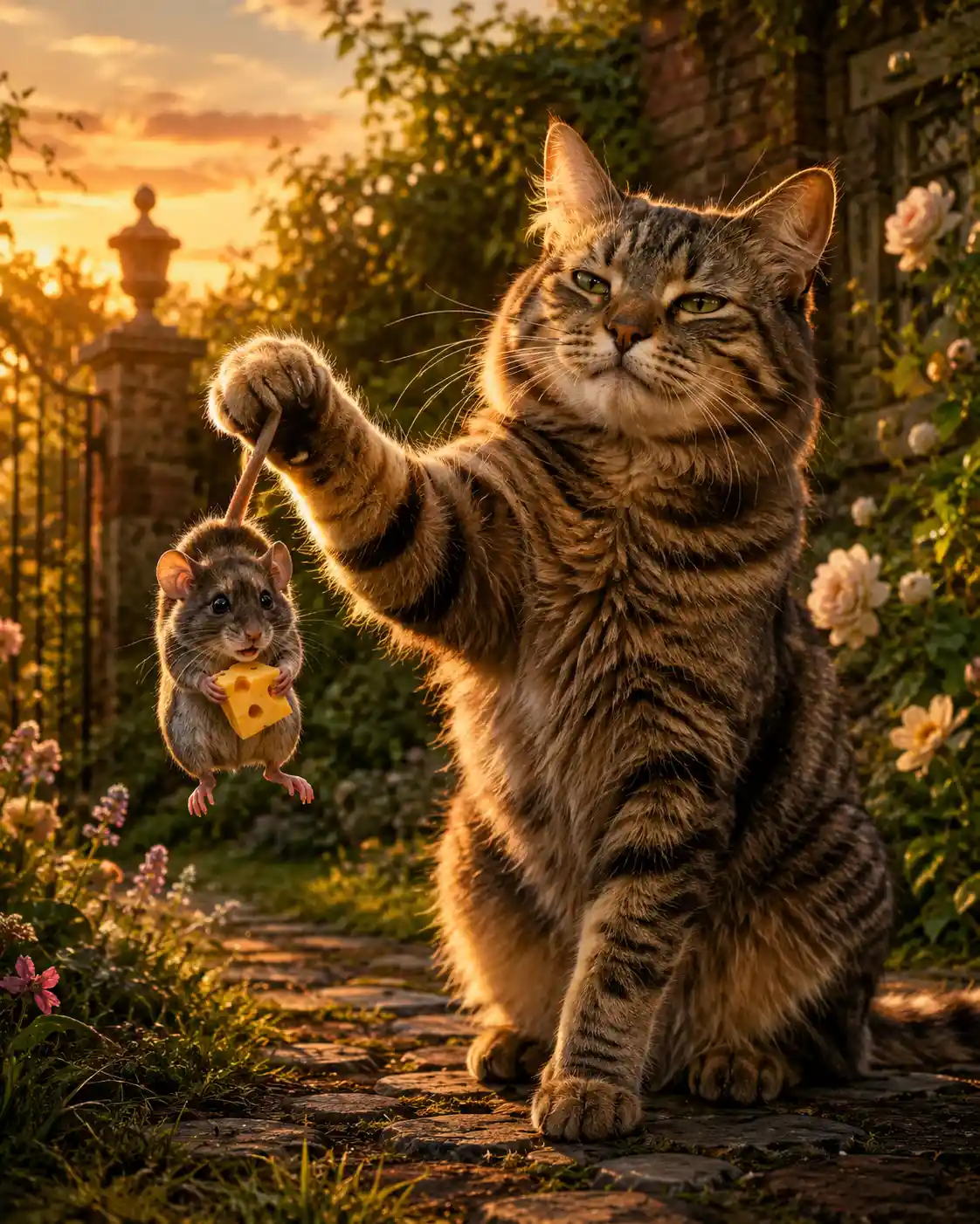 Gato confiante pegando um rato em um jardim ao pôr do sol