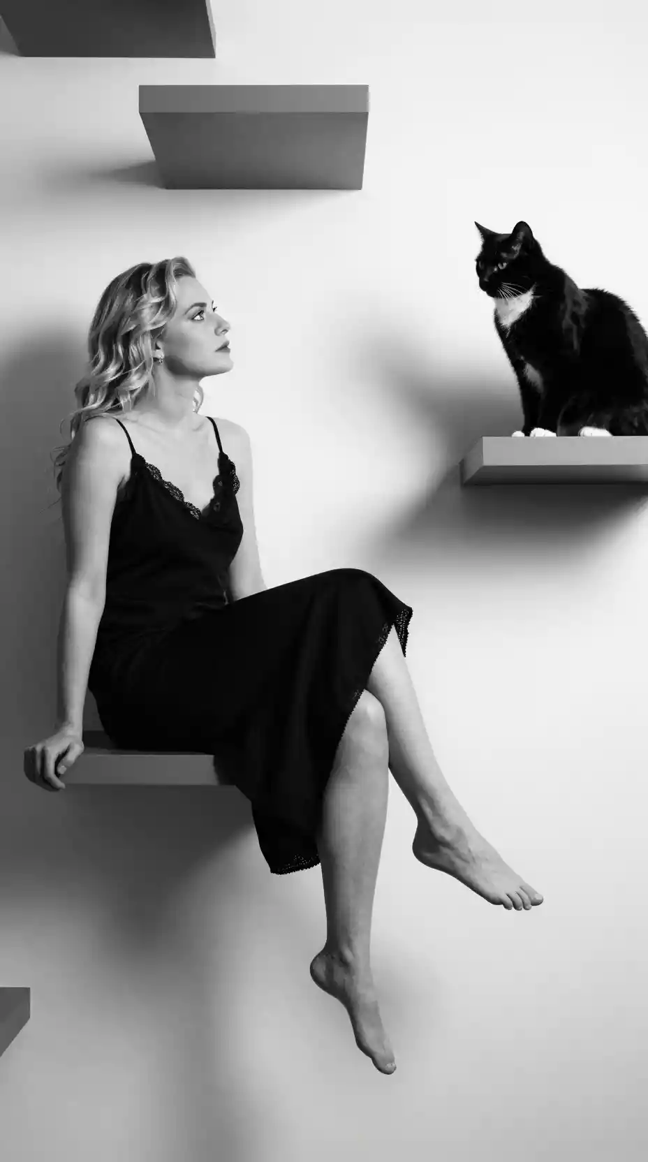 Woman and cat on floating shelves in black and white