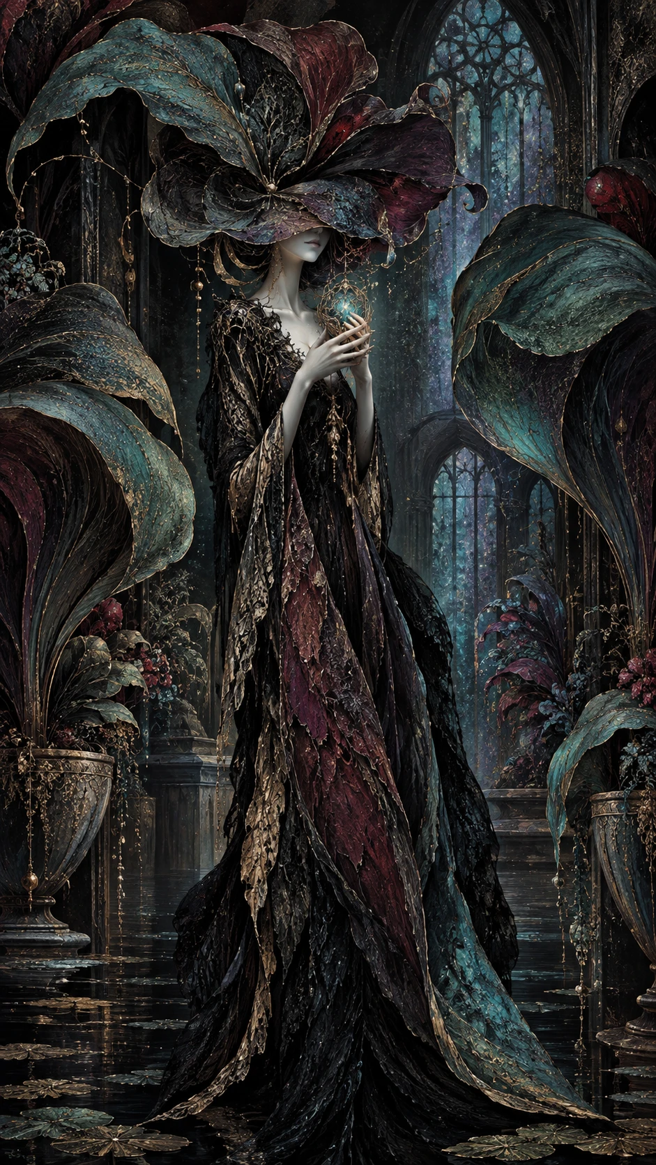 Abstract guardian in a shadowed botanical chamber with glowing relic