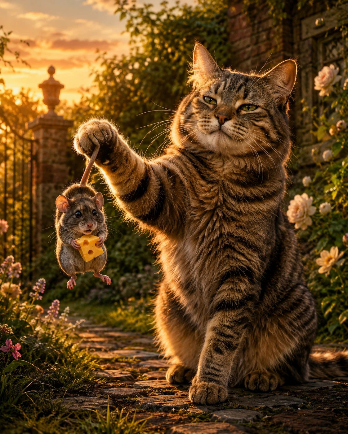 Gato confiante pegando um rato em um jardim ao pôr do sol