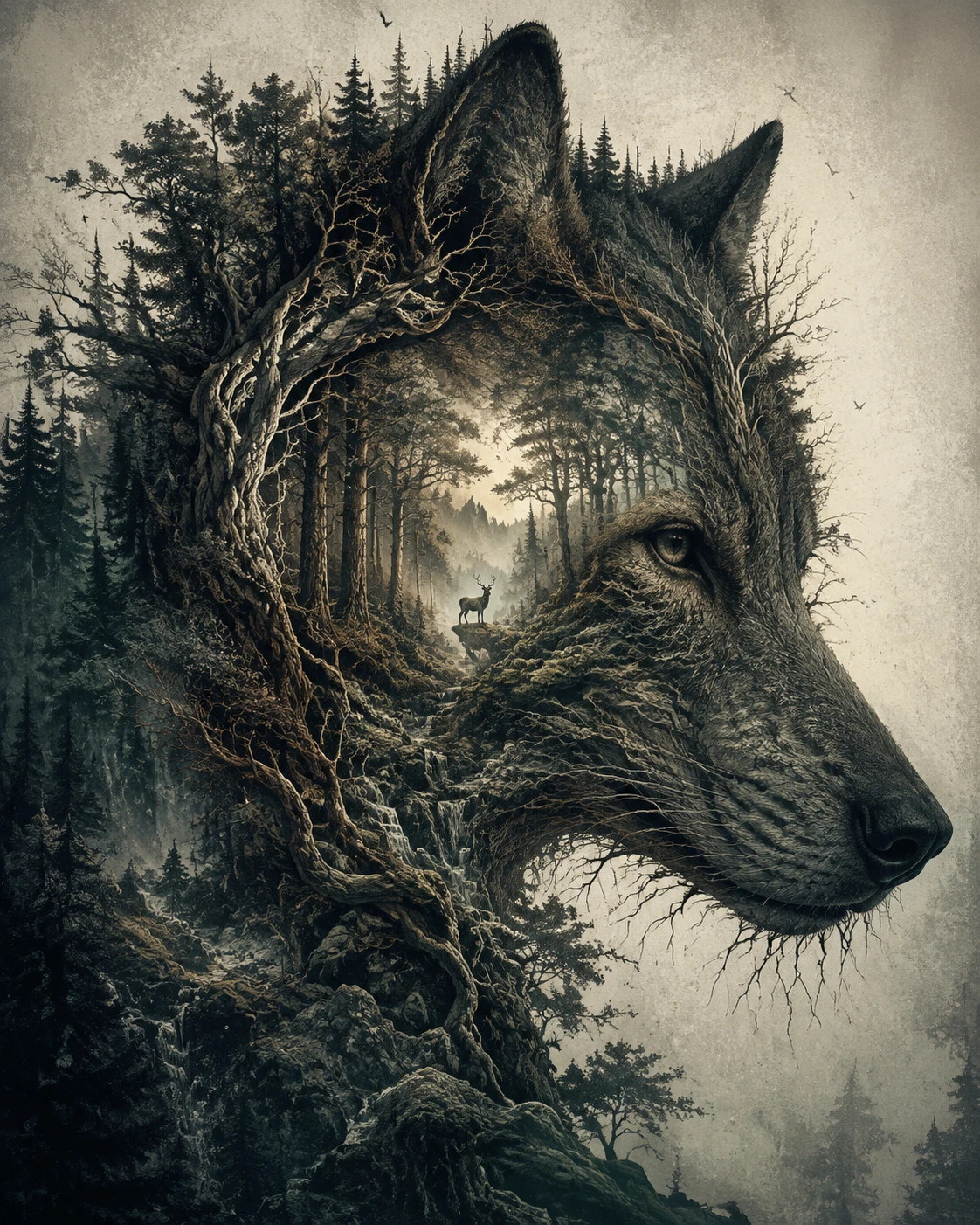 Silhueta surreal de lobo preenchida por antiga mata selvagem