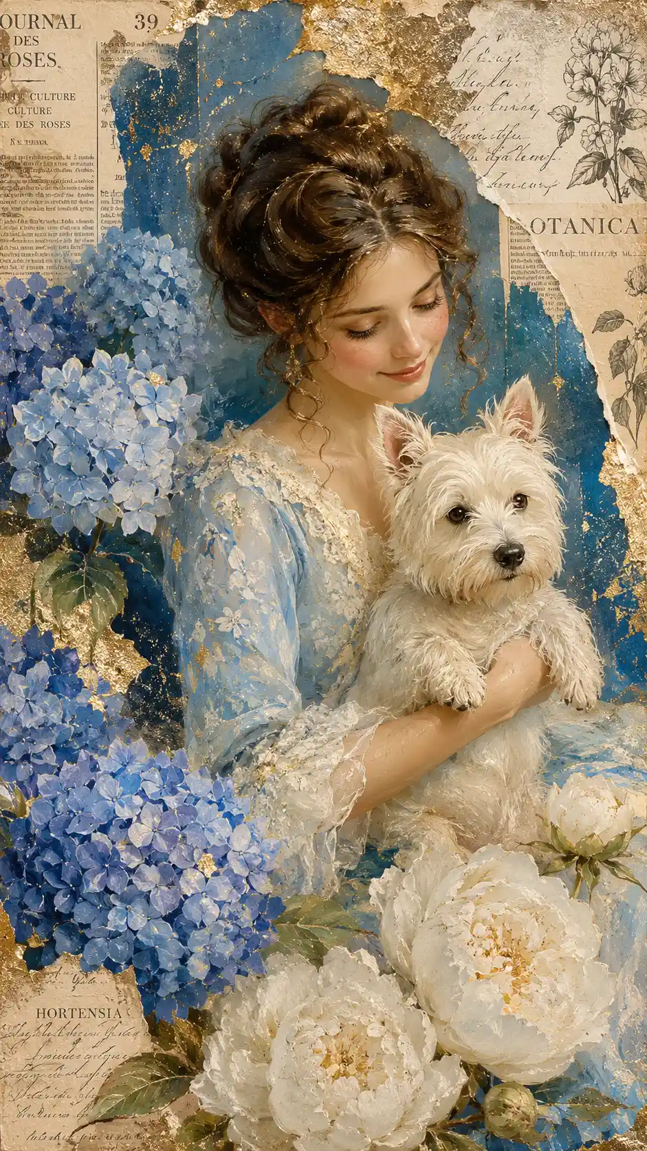 Elegant lady holding a West Highland Terrier among blue flowers