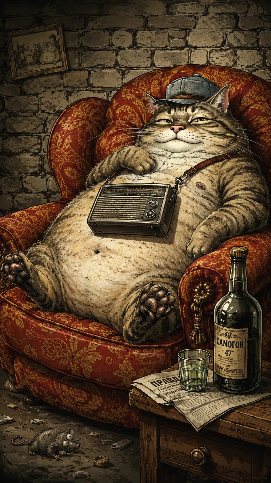 Fauler gestreifter Cartoon-Kater, der in einem plüschigen Sessel entspannt
