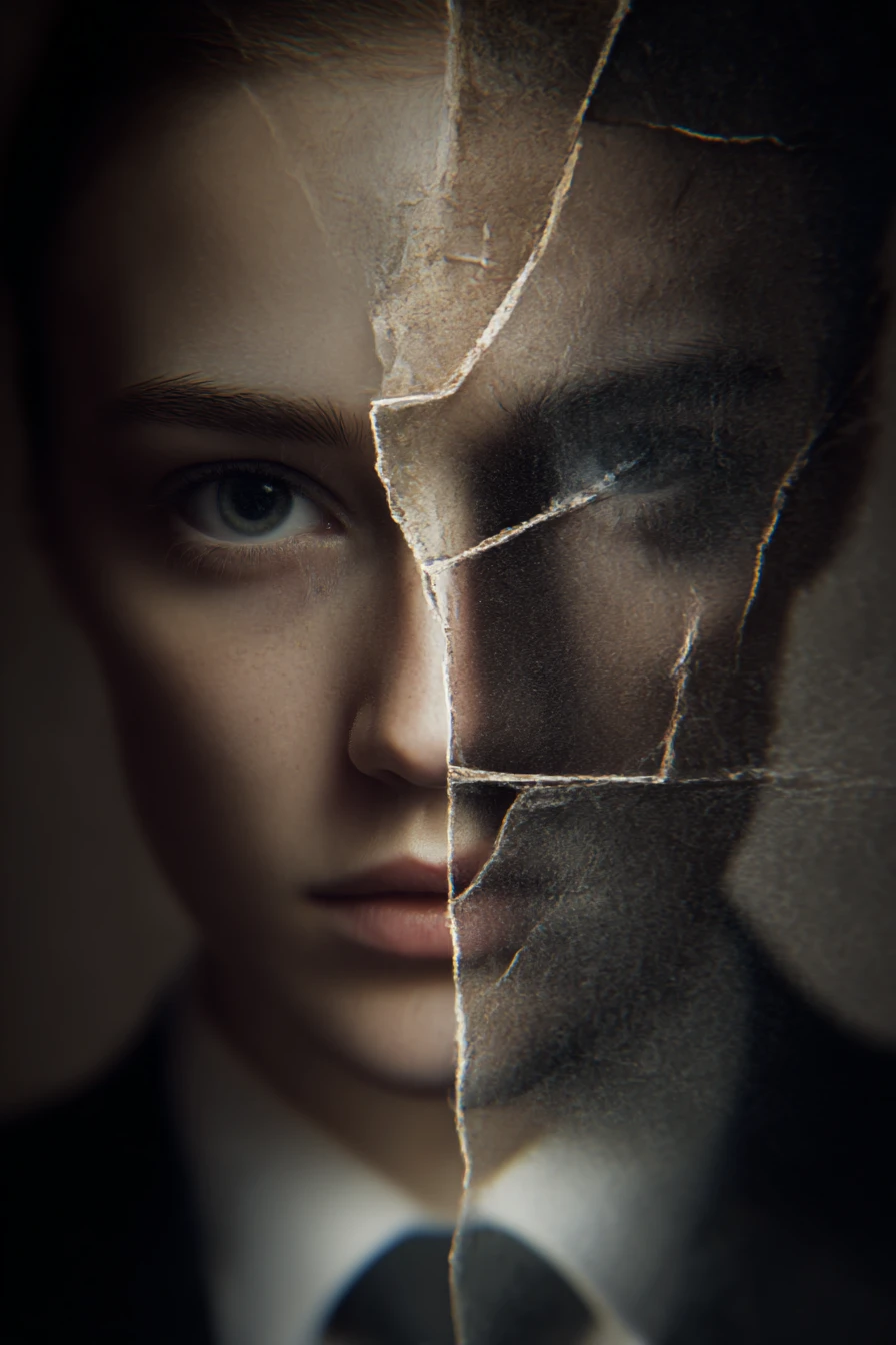 Conceptual portrait of a divided self in inner conflict