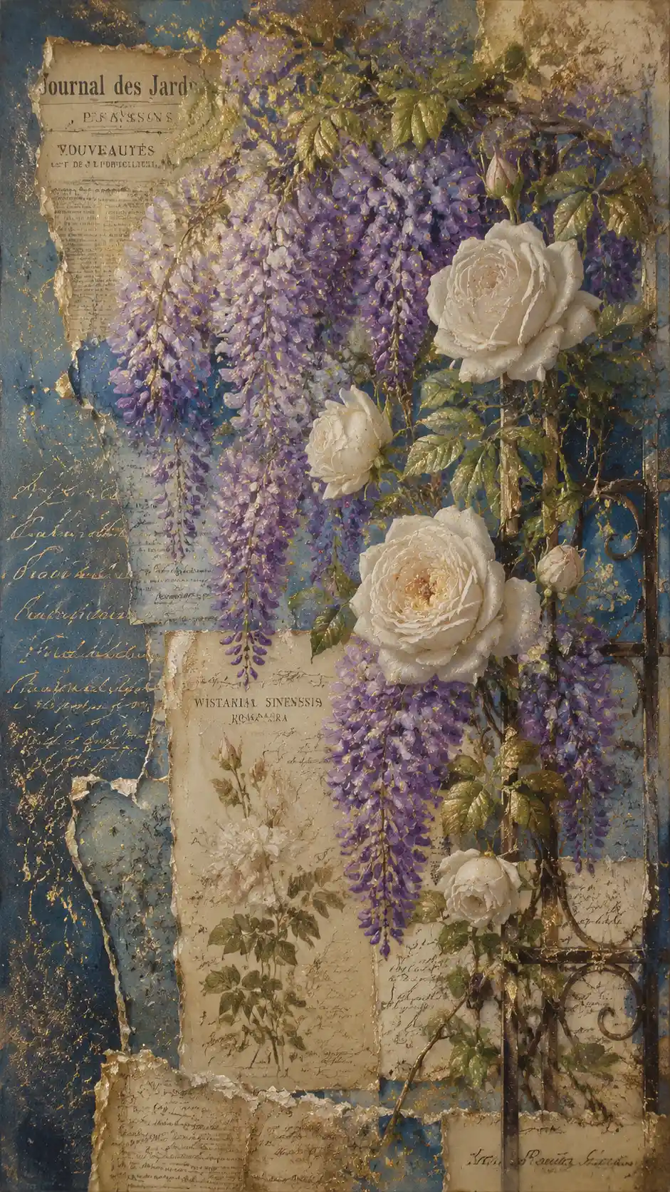 Wisteria And White Roses In Mixed Media Floral Collage