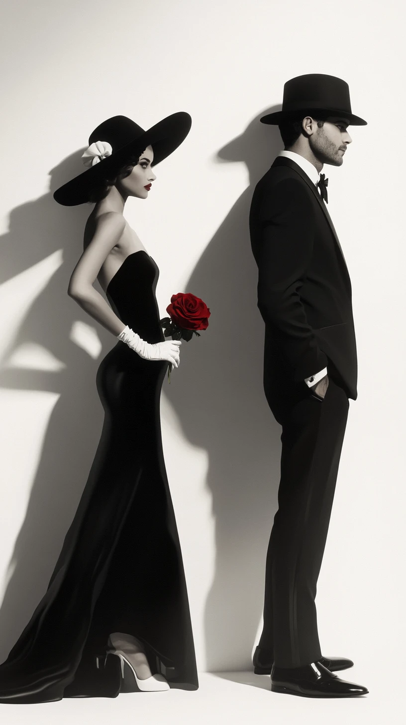 Elegant couple in black fashion against white minimalist wall