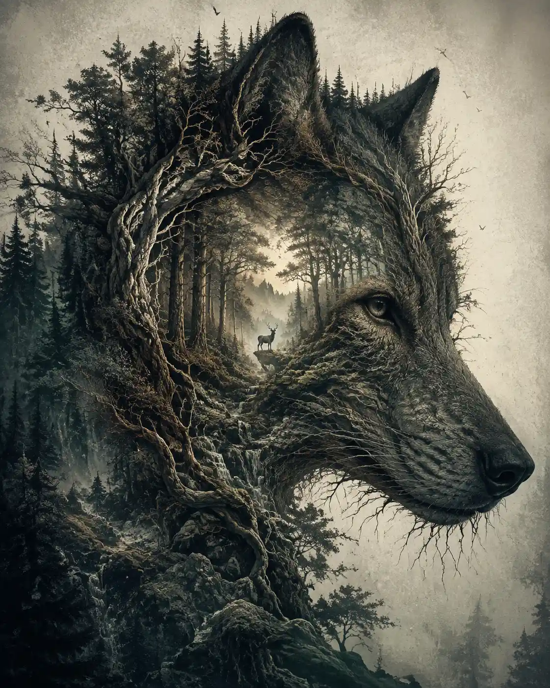 Silhueta surreal de lobo preenchida por antiga mata selvagem