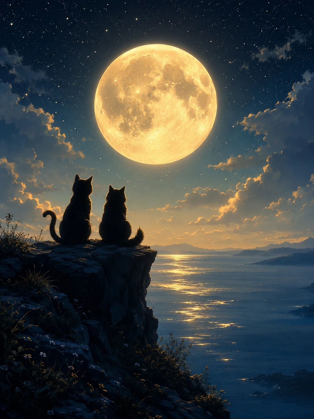 Deux chats en silhouette assis sur une falaise au clair de lune