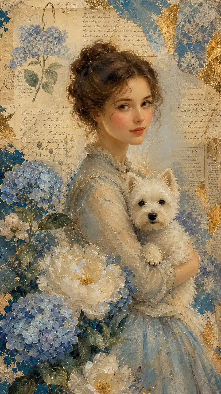 Dame vintage tenant un West Highland Terrier avec collage floral
