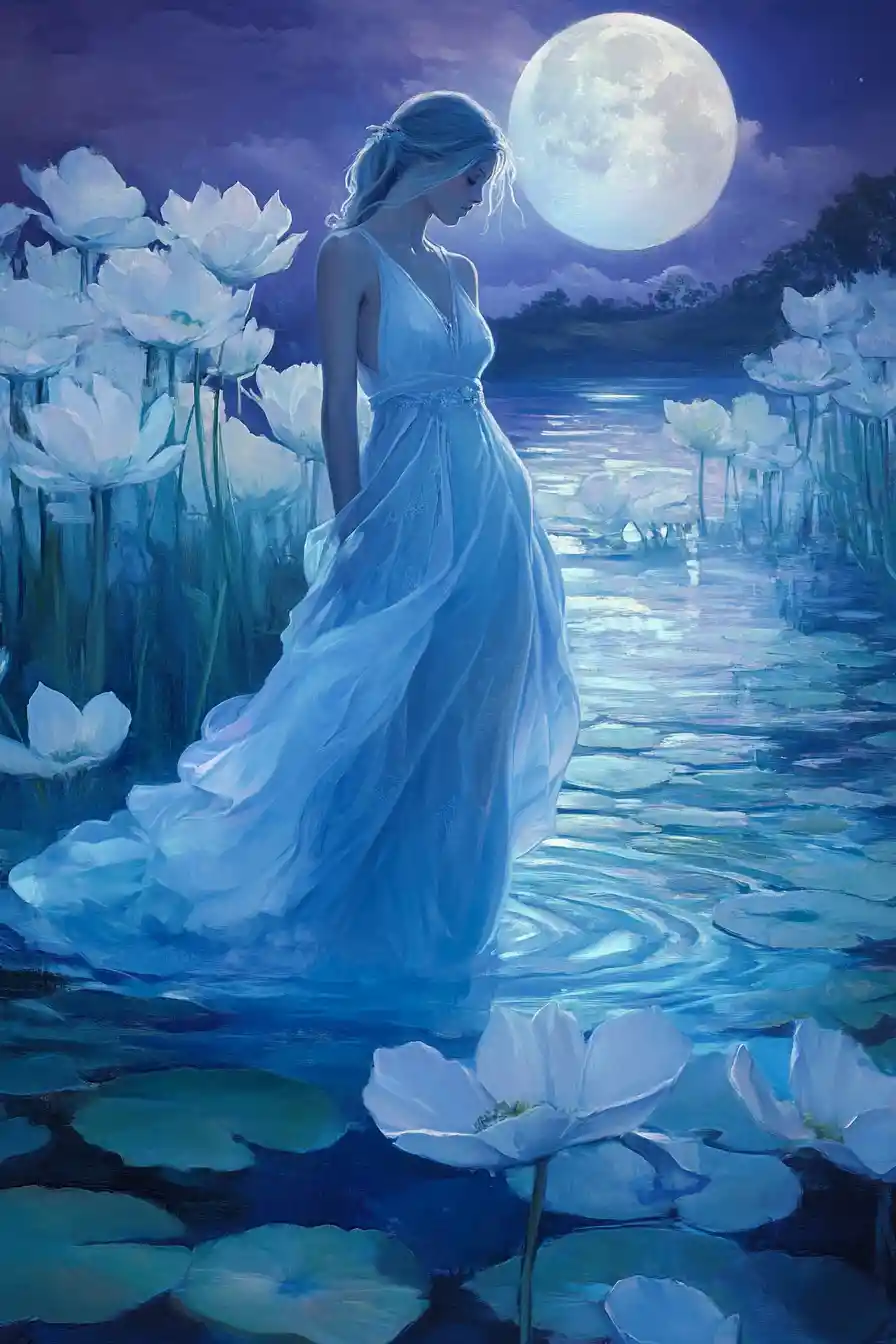 Elegante donna in abito azzurro che scivola su un lago tranquillo