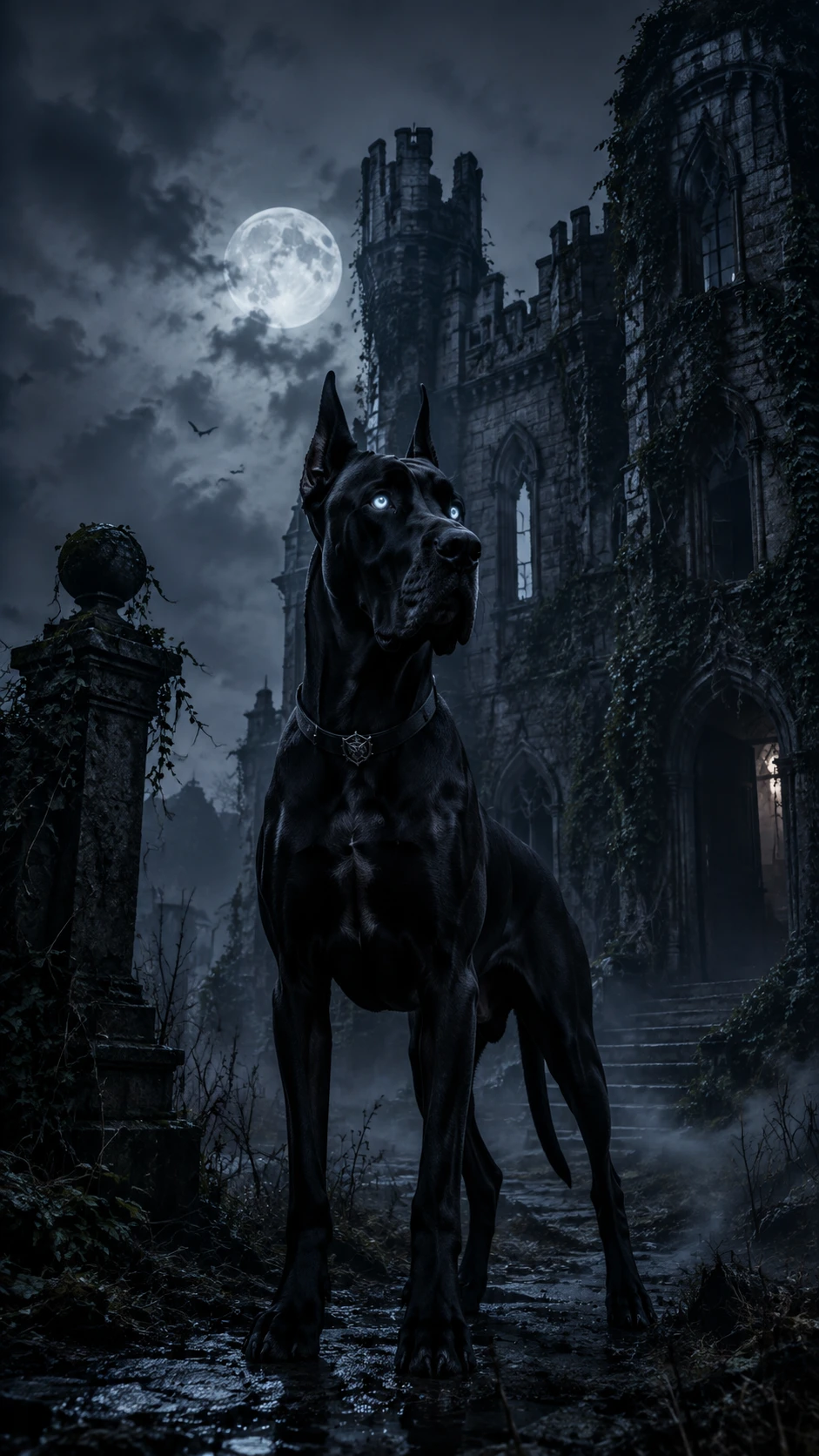 Dog alemão vigiando um castelo coberto de hera à noite