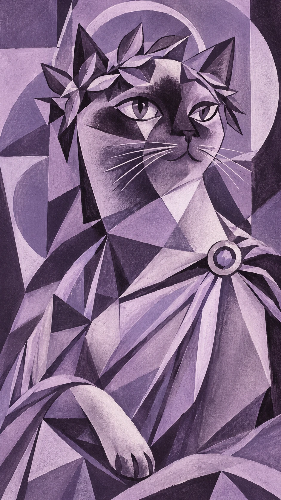 Cubist siamese cat goddess in light lilac monochrome