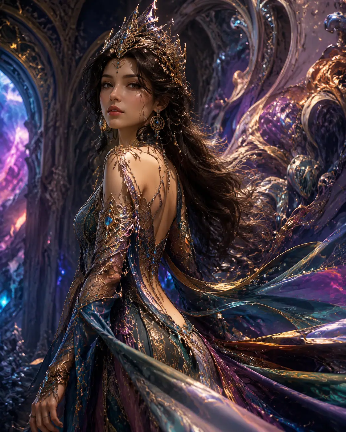 Enchanteresse mystique entrant dans un royaume fantastique vibrant