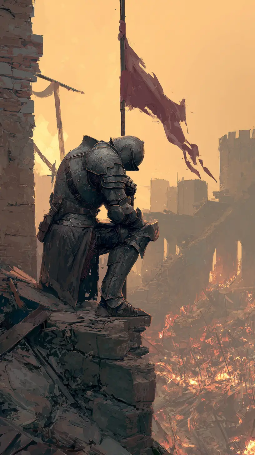 Lone Armored Paladin Holding A Burning Imperial Banner