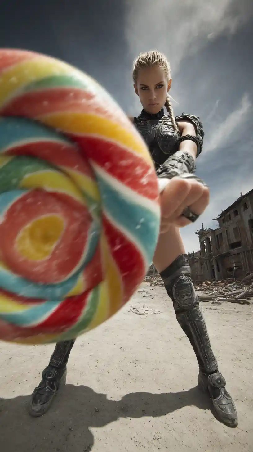 Confident female warrior with lollipop in fashion campaign shot