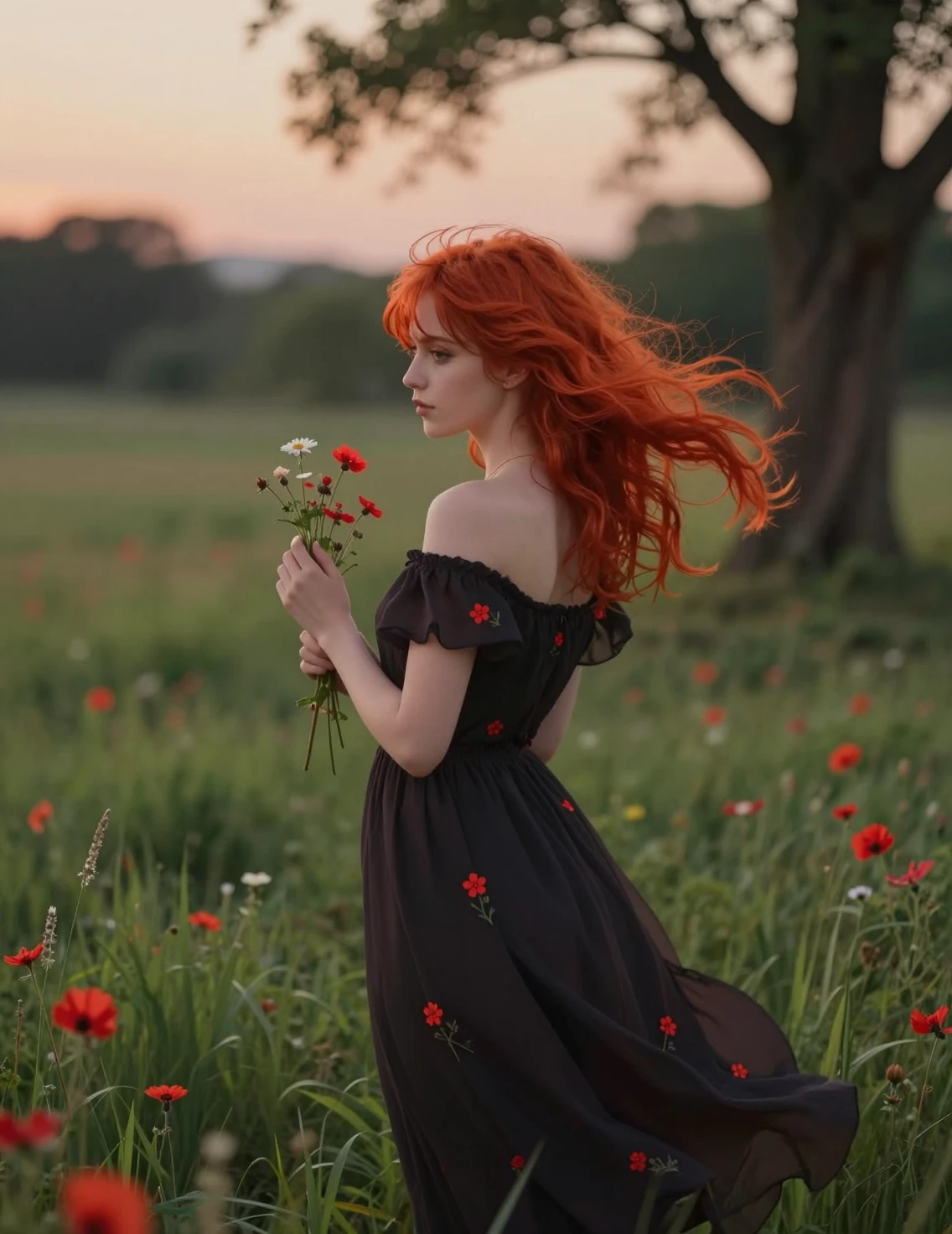 Femme aux cheveux rouges façon anime dans un pré au crépuscule paisible