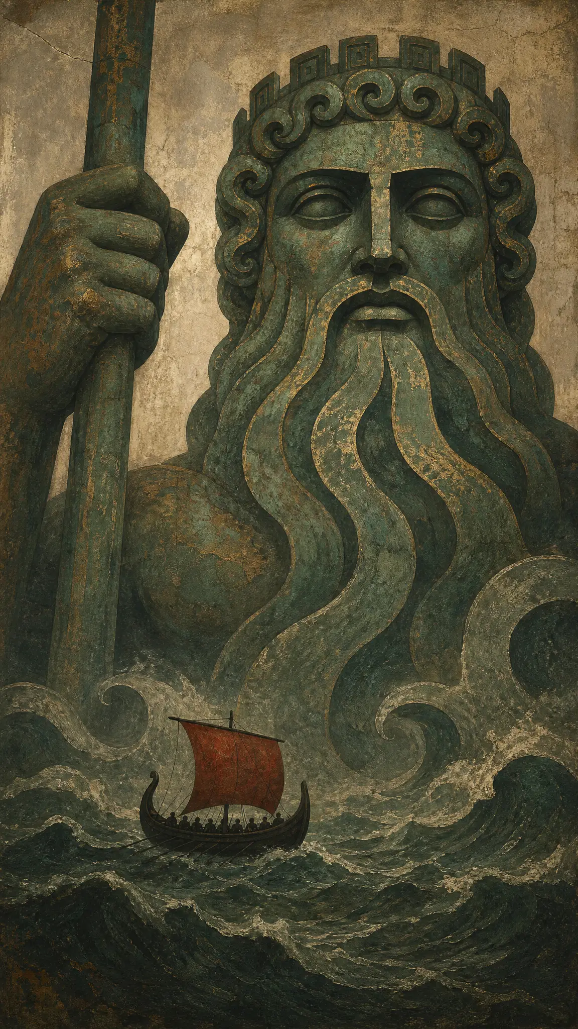 龐大神祇青銅海神腳下的一艘微小希臘船