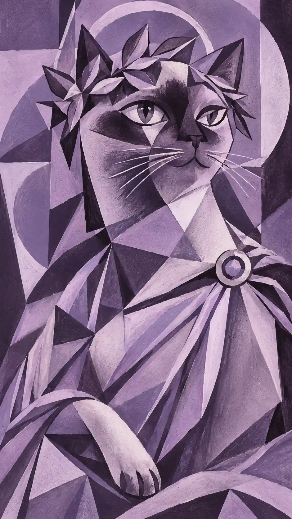 Dea gatto siamese cubista in monocromo lilla chiaro