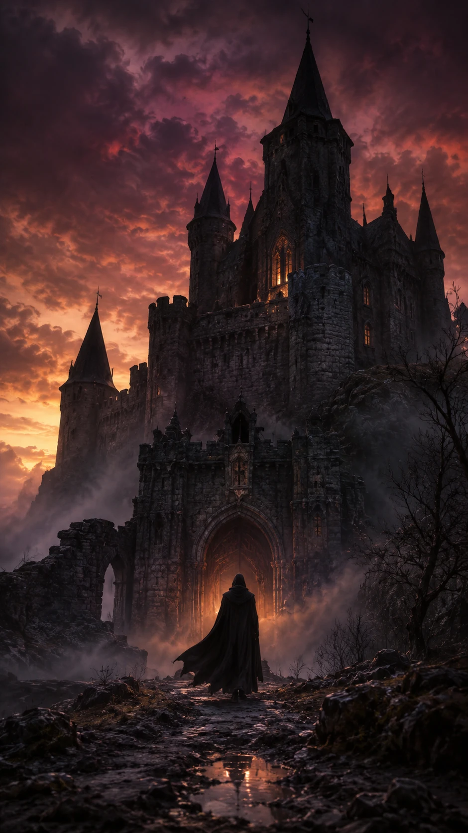 Silhueta de castelo solitário com figura encapuzada ao crepúsculo