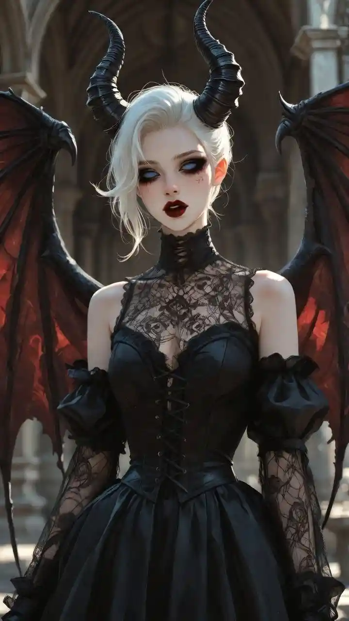 Gothic horned princess with black lace dress and wings