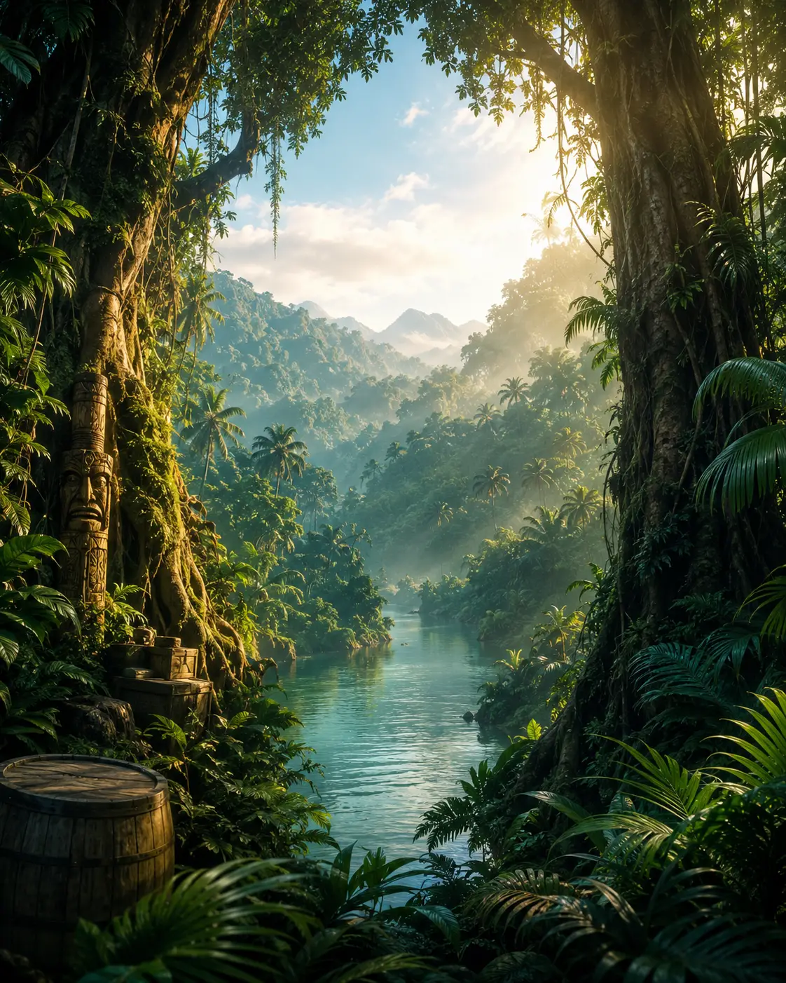 Cinematic Jungle River View With Ancient Mossy Trees
