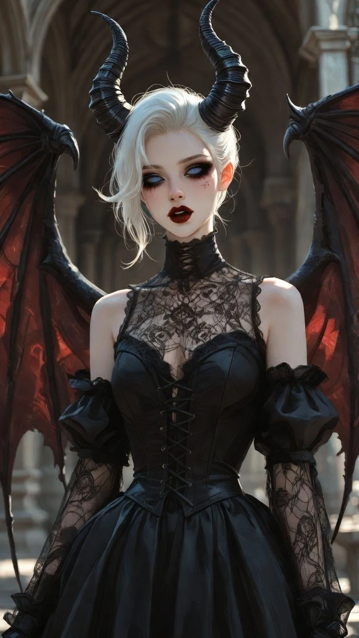 Gothic horned princess with black lace dress and wings