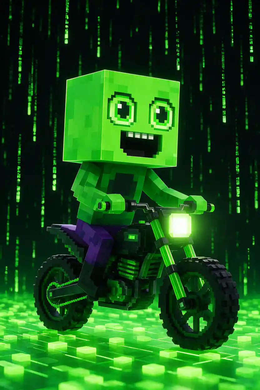 Personagem voxel pilotando moto de trilha neon na chuva digital