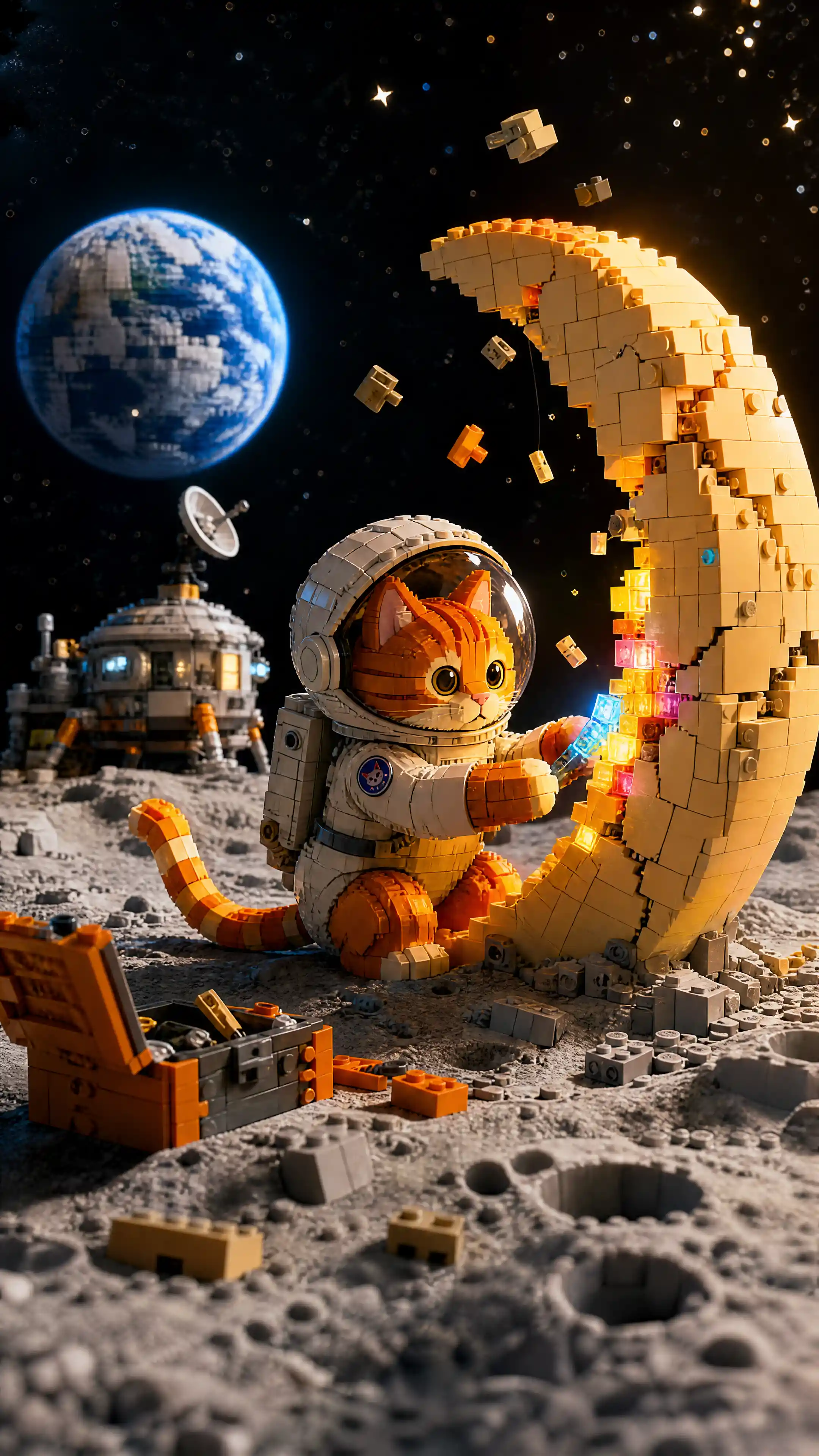 Tiny brick tabby cat astronaut repairing a glowing moon