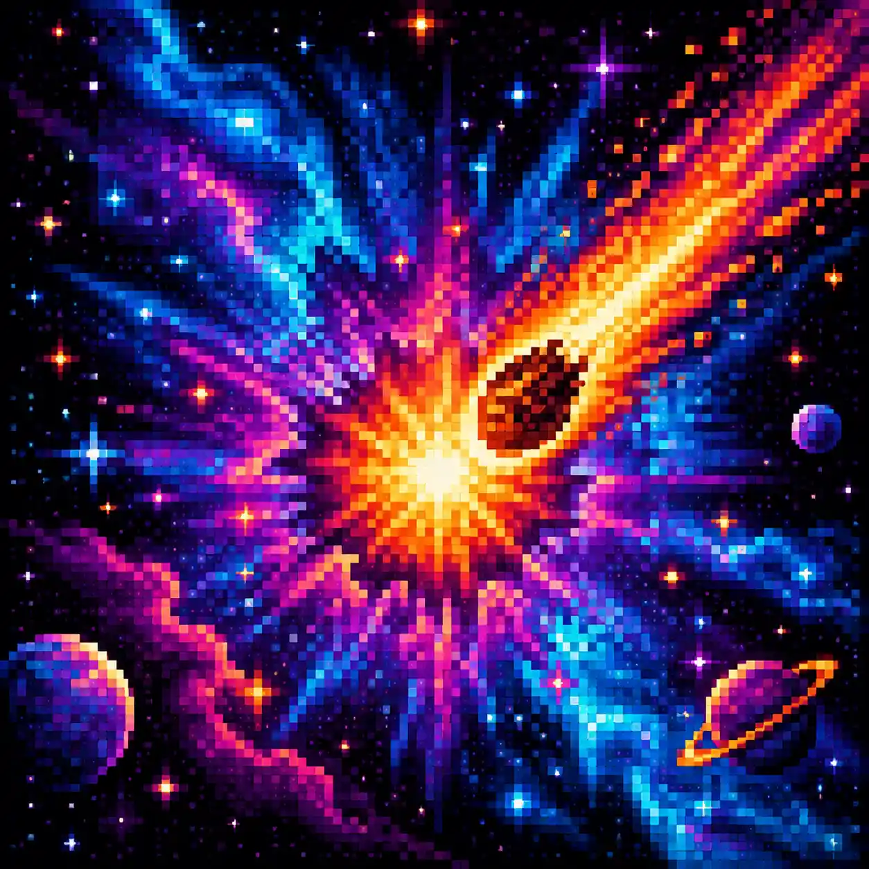 Supernova vibrante in pixel art che esplode nel profondo spazio nero