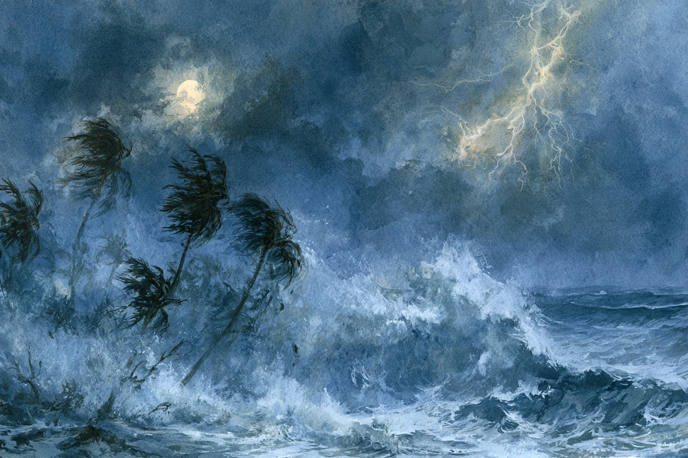 Stormy sea waves crash against a windswept tropical shore