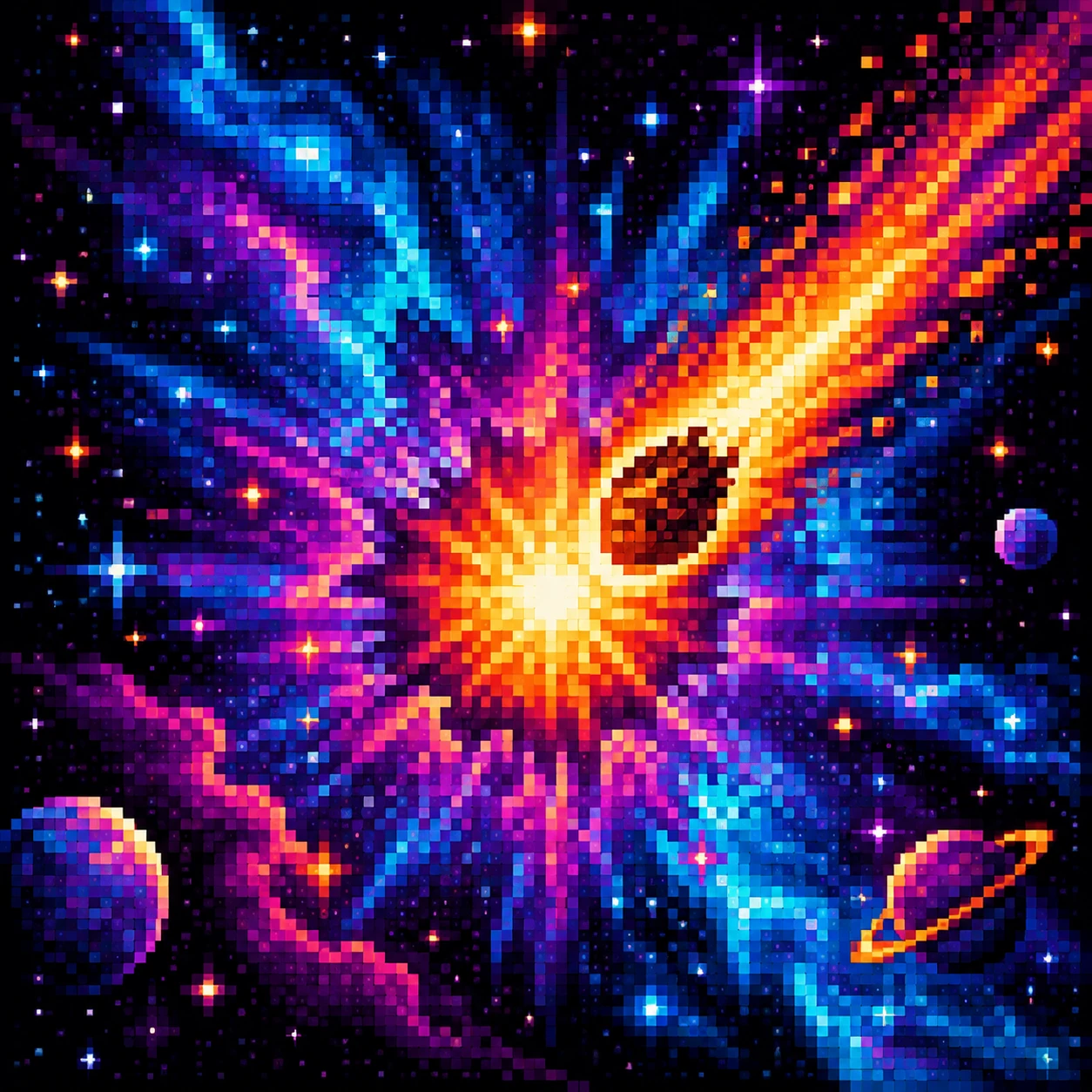 Vibrant pixel art supernova exploding across deep black space