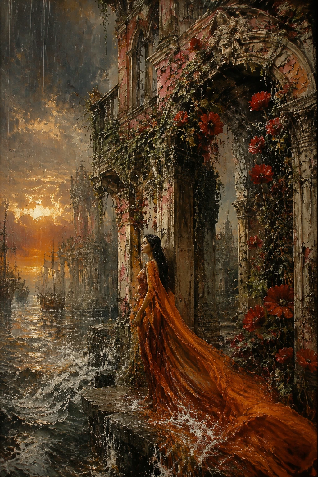 Mulher surreal ao lado de palácio veneziano afundando na selva