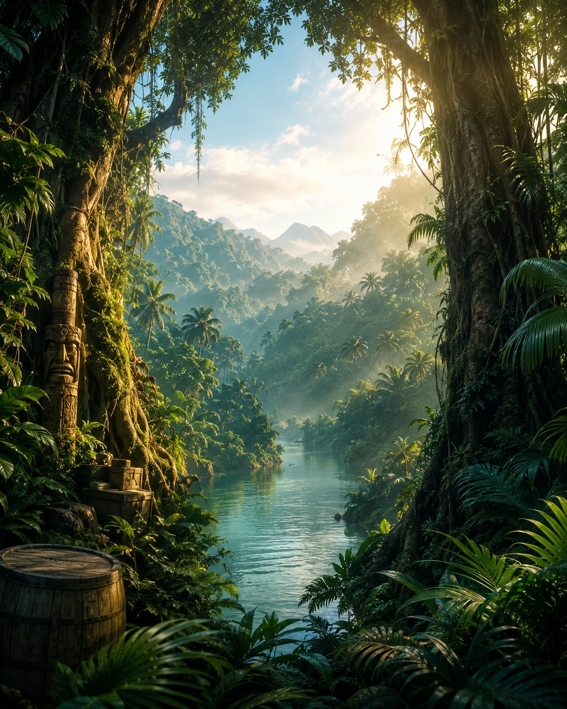Cinematic Jungle River View With Ancient Mossy Trees