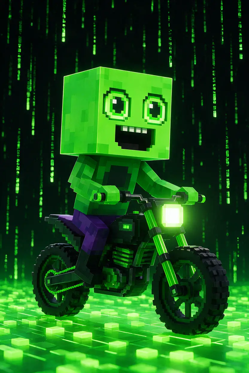 Personagem voxel pilotando moto de trilha neon na chuva digital